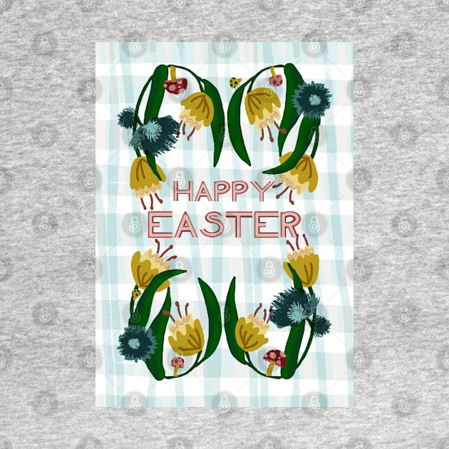 Happy Easter Floral Wreath with Daffodils, Mushrooms, and Ladybugs on Plaid | blue, yellow by Ipoole